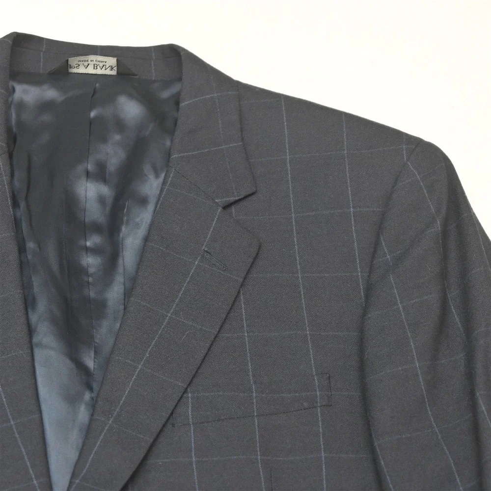 Jos A Bank 43L 38x32 Navy Blue Windowpane 100% Wool Flannel Mens Suit